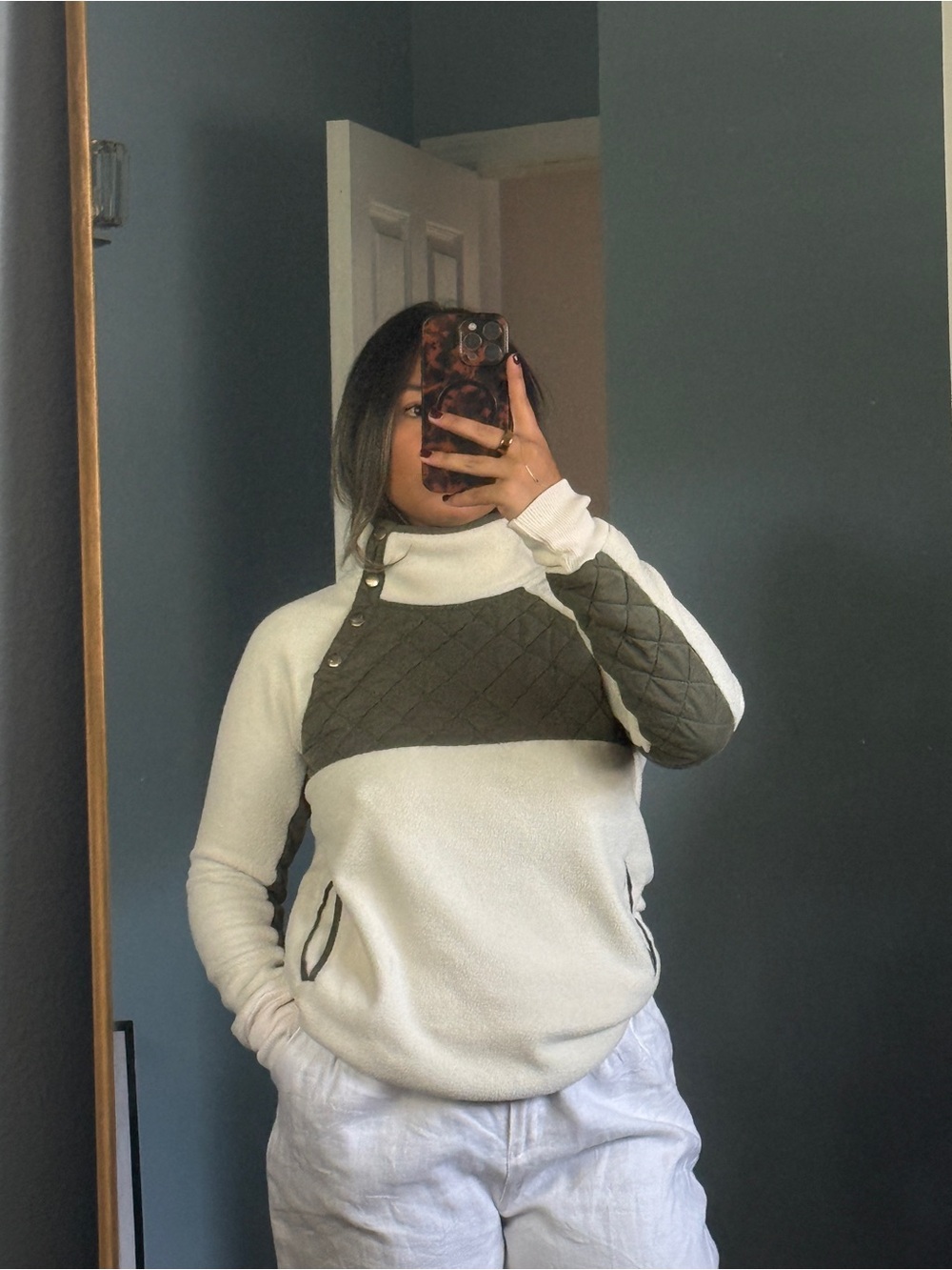 Abercrombie Quilted Panel Mock Neck Pullover Sweater - Olive/White